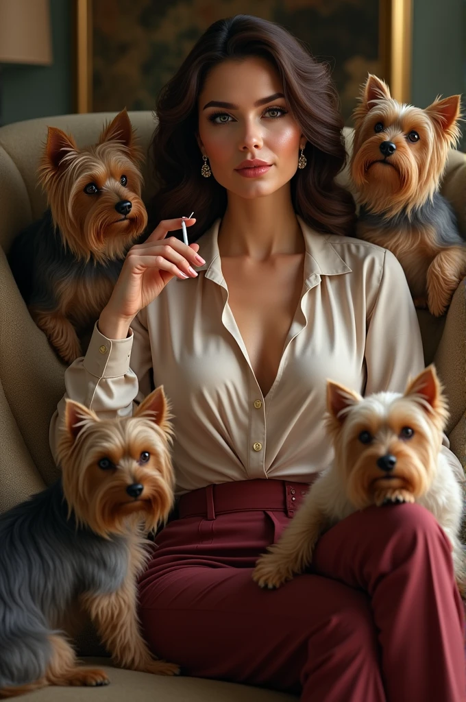 Woman with 5 Yorkshire Terriers smoking
