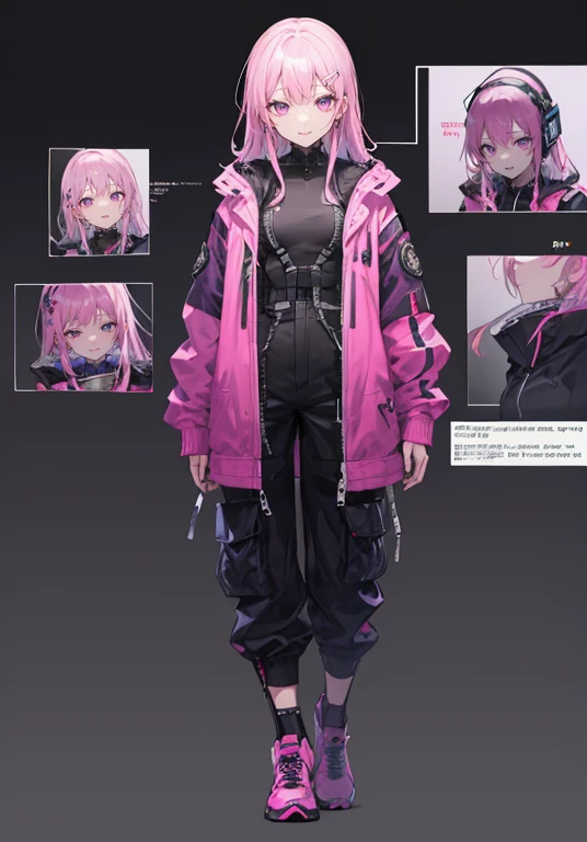 (cyber punk),Adult female, alone, smile, Please open your mouth a little, (Long Hair), Purple eyes, Pink Eyes, ((Body Harness)),Blouson jacket,cargo pants,Oversized outerwear,Setting diagram, (Simple white background),((whole body)),((full body))