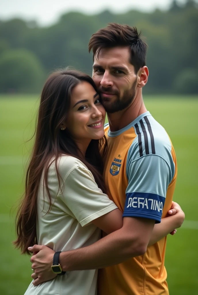 Brunette girl hugging Messi