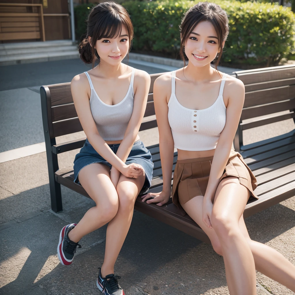 Japan Girls、Sitting on a park bench with legs in an M position、She is wearing a stylish summer outfit of a mini skirt and tank top.、Actual photo、High resolution, masterpiece, Accurate, Anatomically correct, 最高quality, Attention to detail, High resolutionモデル, 高quality, quality, Very detailed, Textured skin, 超High resolution, Shortcuts, smile, Valletta, 8k octane, 3D Rendering, 