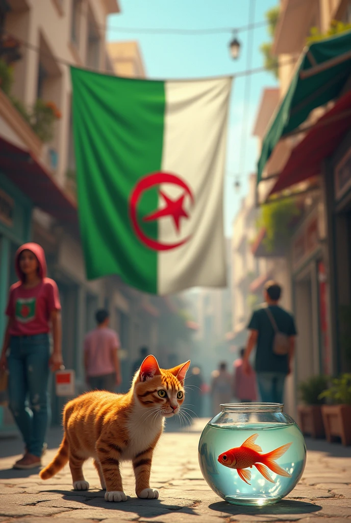 Le drapeau algérien de couleur vert blanc croissant de lune et toi la 5 branches rouge. Le chat dans les rues d'Alger avec des passants un poisson rouge dans un bocal et le chat à côté de lui