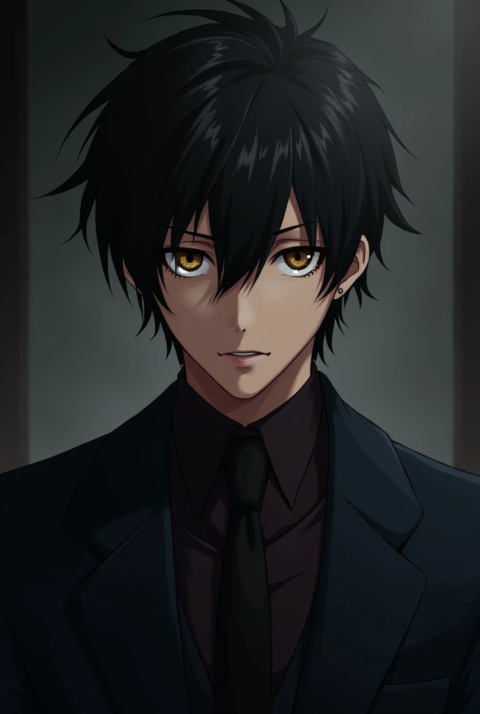 Make the Ban (Nanatsu's Taizai) with dark hair, brown eyes and a suit