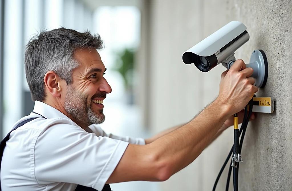 realistic image of a smiling technician installing a security camera