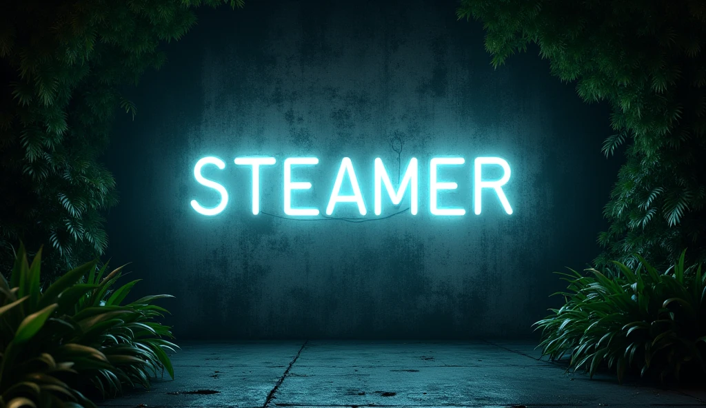 a dark wall with the word steamer on pause written on it with a white neon light and greenery