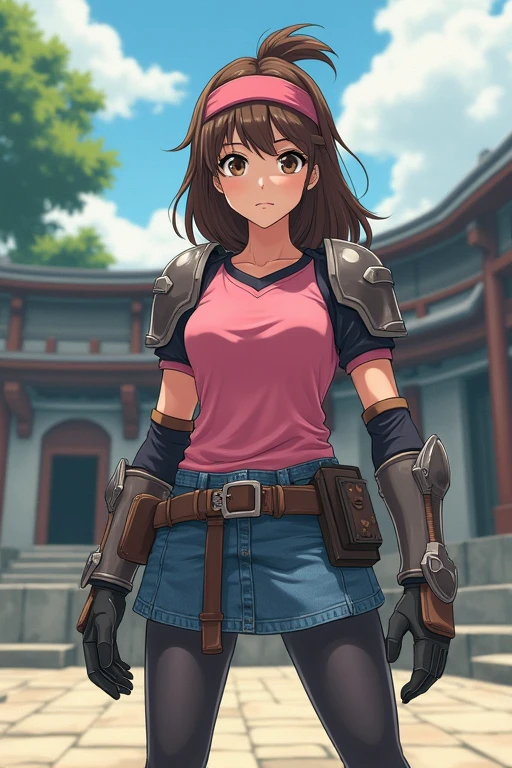 Woman warrior、anime、Are standing、gloves、Utility Belt、(Stone outdoor arena)、Trained biceps、Medium Hair、(Pink jersey)、Shingard、Knee pads、Shoulder Armor、Chest Armor、head band、Denim skirt、tights、Brown Hair、Elbow pads、