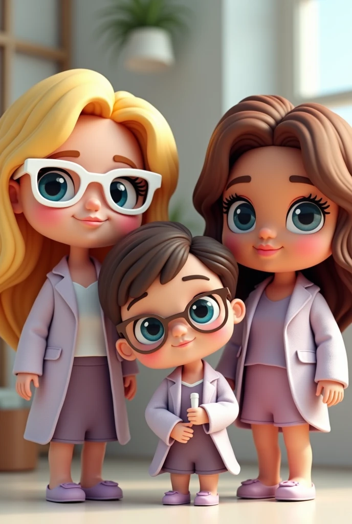 Create three dolls together bitmoji style, there are three teachers. A teacher with blue eyes and blonde hair, smooth and big, wears white-framed prescription glasses. A white teacher with dark brown hair, wears prescription glasses, and dresses elegantly. A teacher as white as a porcelain doll, wavy reddish brown hair, medium, She's sweet and sweet, lilac clothes.