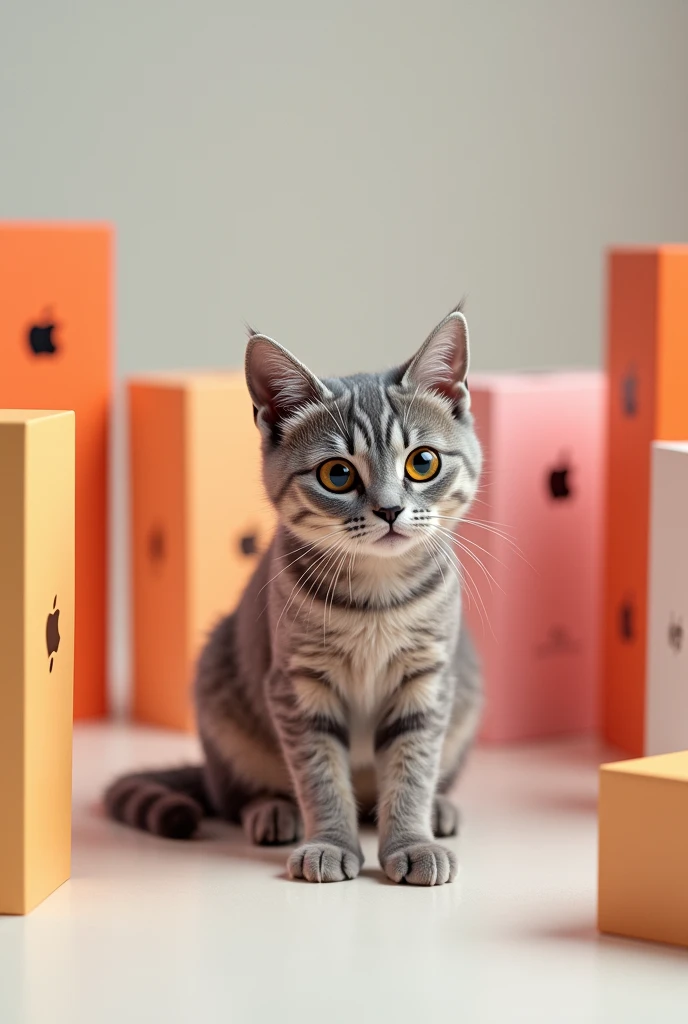 a cat with iphone boxes around him