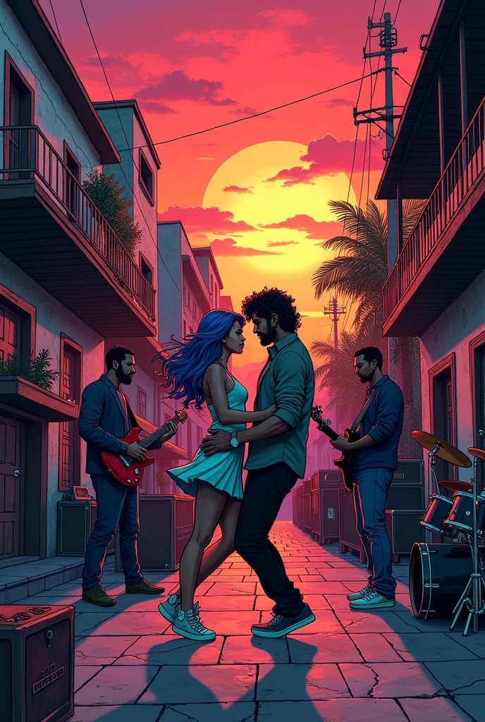 batman style comic, with a psychedelic sunset, in Tepito.
A rock band playing. With a guerito drummer, robust, slanted eyes, short hair; un guitarrista moreno flaco y short hair; a vocalist with medium hair and a short beard; un bajista robust, dark-skinned and with a poker pie hat.
In the center a couple dancing cumbia, Short woman, king, blue hair, Red lips, dress and tennis, the bearded man, alto moreno y robust cabello largo y tenis