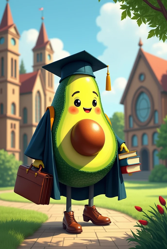 An avocado with the figure of a man with a face, going to study law at university