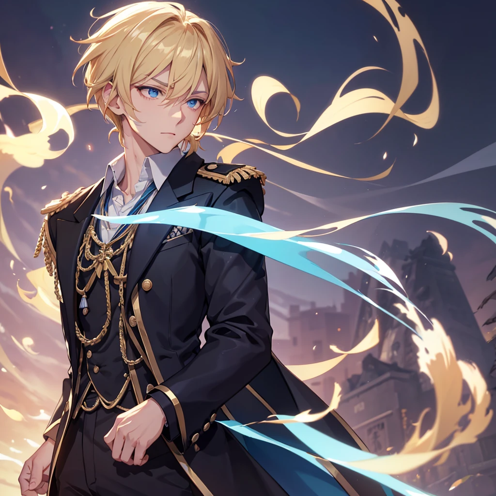Anime attractive man, 20 year old, blonde hair, very very short ponytail, tall, muscular, solo, one person, light blue gold-accented, high-collared dress shirt with rolled up sleeves, black choker, dark blazer with gold lining and ons unbuttoned with rolled up sleeves, long dark overcoat with a fur trim, rolled up sleeves, rolled up sleeves, rolled up sleeves, rolled up sleeves.