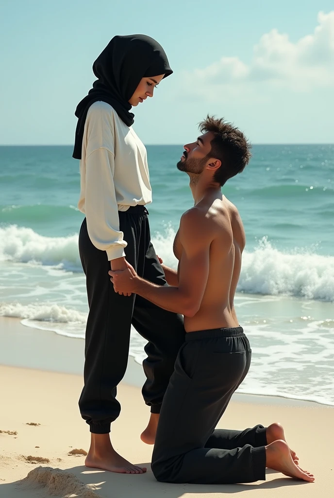 Black headscarf on the beach, white long sleeve t shirt, baggy black sweatpants, barefoot, Sexy skinny woman. He kneeled before the woman, Man kissing the back of woman&#39;s sweatpants. 