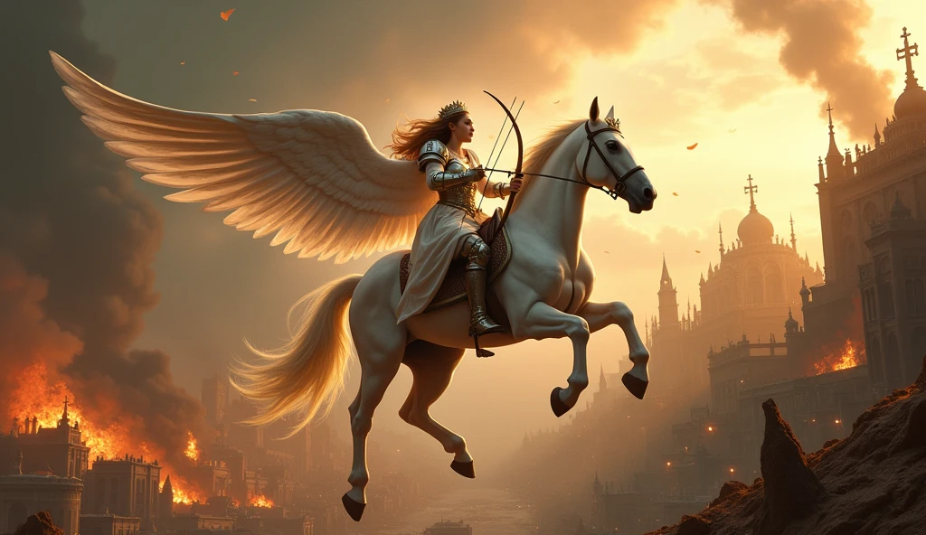 Young knight riding a white horse , hair in the wind WITH A BOW IN HER RIGHT HAND, BEAUTIFUL CROWN AND WINGS LIKE DESCENDING FROM THE SKY WITH APOCALYPTIC SCENARIO, ED FONDO A CITY IN CHAOS AND THE DARKENED SKY, DESCENDING FROM THE SKY, THE BACKGROUND LOOKS TERRIFYING WITH CHAOS AND FIRE AS THE APOCALYPSE IS NARRATED IN THE BIBLE