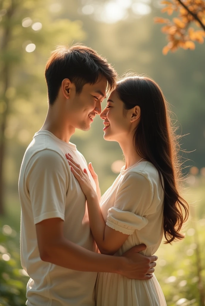 Photo of an Asian couple hugging each other. 