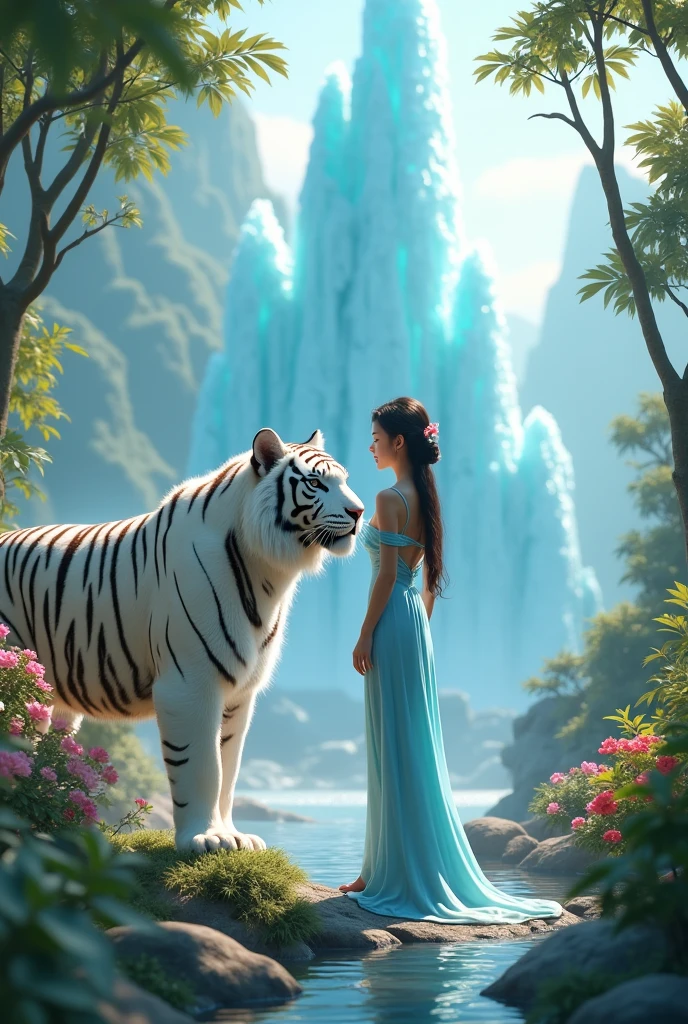 An Asian woman in a tropical garden wearing a beautiful long blue dress next to a white tiger on a Pixar ice tower,3d.with Disney style 