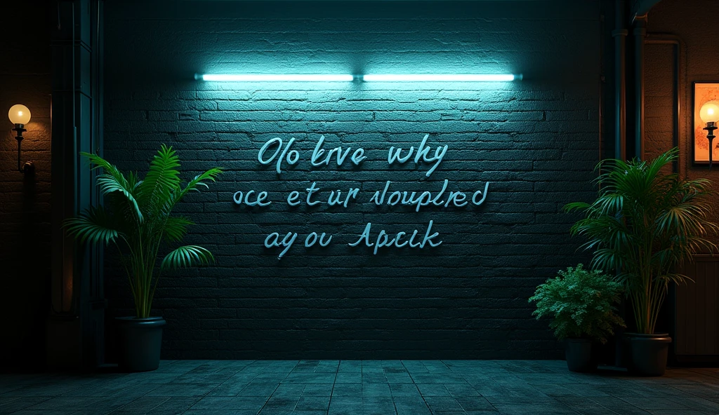 a dark wall with writing on it (the steamer on pause) with white neon and greenery