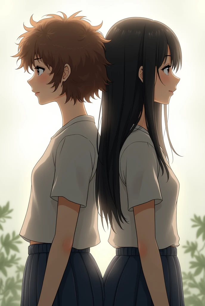 Duas garota both facing opposite directions de costas uma para a outra, the one on the left with short hair above the ear with brown curls and the one on the right with black hair, smooth and long, both facing opposite directions