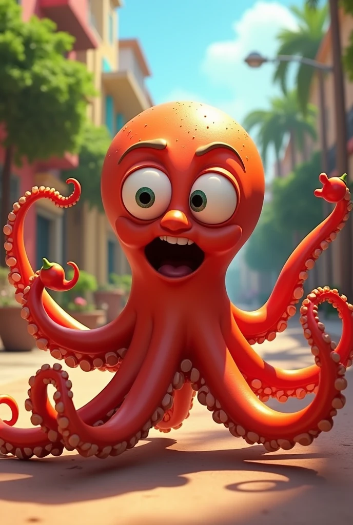 an animated octopus enchilado by eating habanero chili from Yucatan