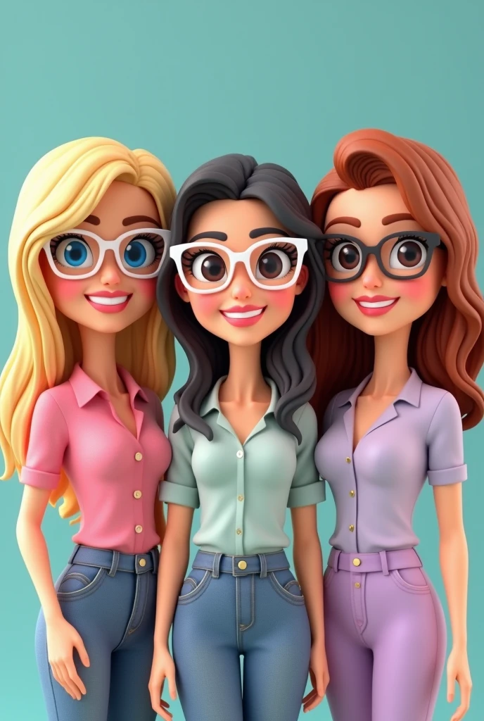Create three dolls together bitmoji style, there are three teachers. A teacher with blue eyes and blonde hair, smooth and big, wears white-framed prescription glasses. A white teacher with dark brown hair, wears prescription glasses, and dresses elegantly. A very white teacher, wavy reddish brown hair, medium, She's sweet and sweet, lilac clothes.