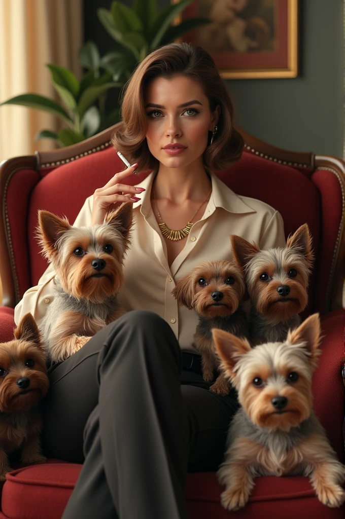 Woman with 5 Yorkshire Terriers smoking