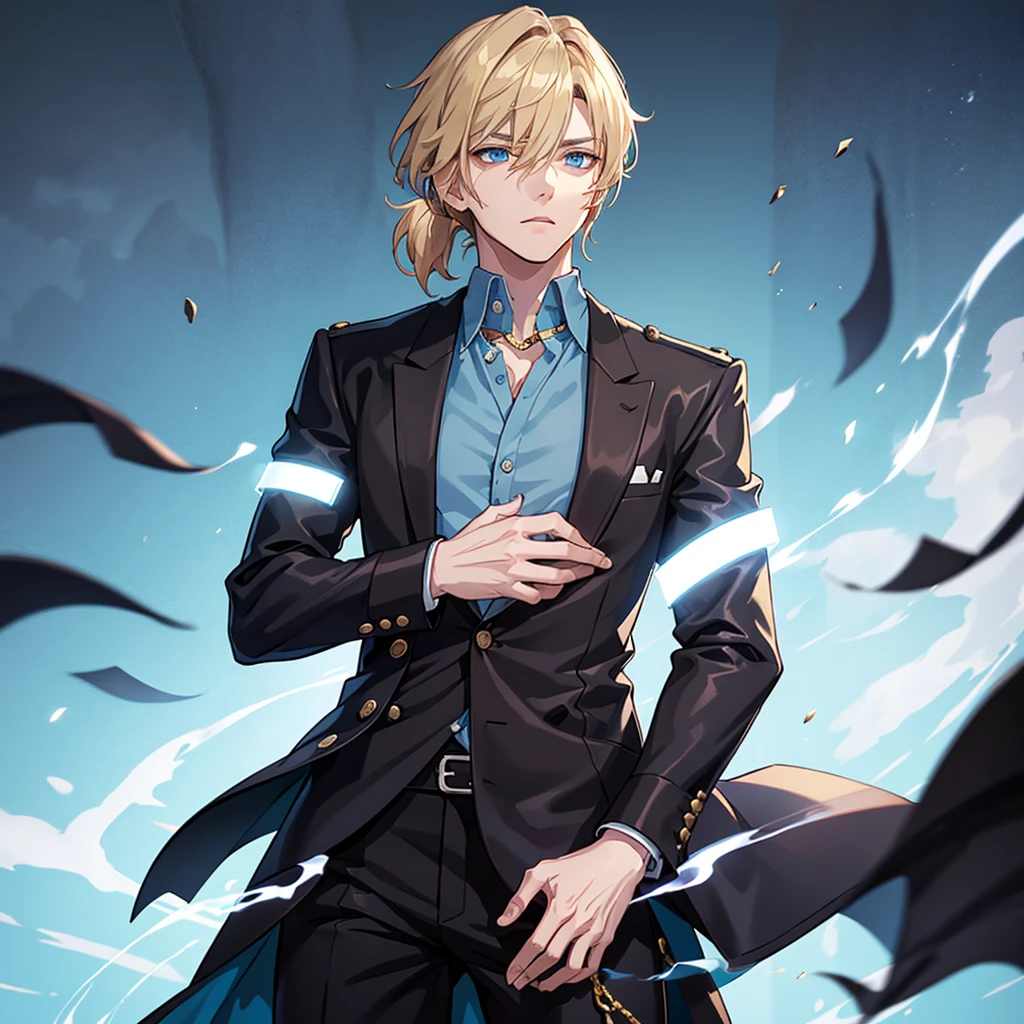 Anime attractive man, 20 year old, blonde hair, very very short ponytail, tall, muscular, solo, one person, light blue gold-accented, high-collared dress shirt with rolled up sleeves, black choker, dark blazer with gold lining and buttons unbuttoned with rolled up sleeves, long dark overcoat with a fur trim, rolled up sleeves, rolled up sleeves, rolled up sleeves, rolled up sleeves.