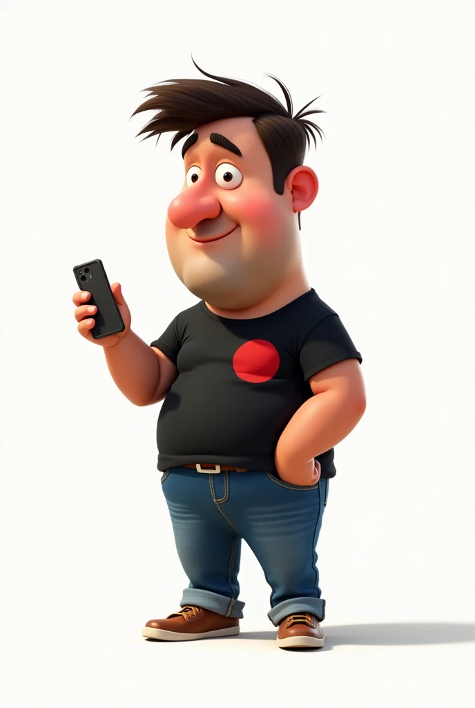 Create a Disney Pixar style character in a white setting a white man, narigudo, with thick eyebrows, the short hair down, short in stature, wearing a black t-shirt with a red circle on the left chest and jeans, with one hand holding a cell phone and the other pointing upwards