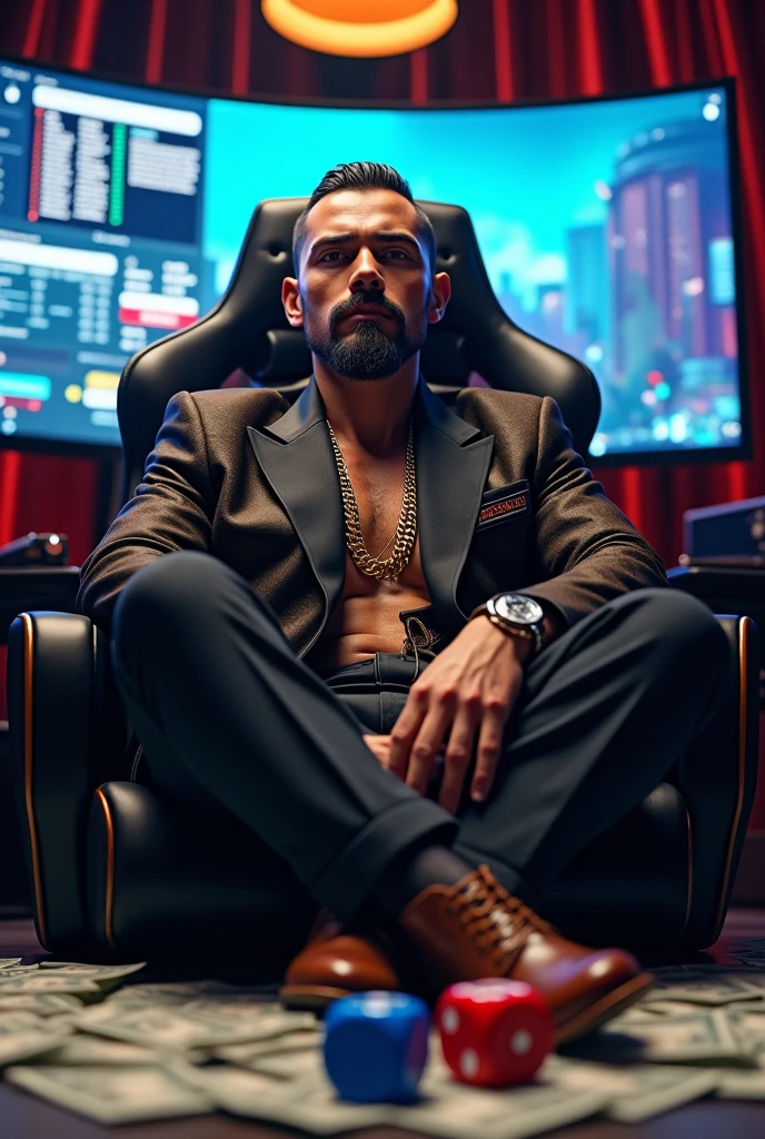 lta resolution, ultra detaild), (cinematic), (ultra HD), standing alone, roupa louis vuitton ,gold chain around the neck short goatee and beard,sitting gamer chair macbook on lap, in the background a curved screen monitor,, 2 dice on the floor, one blue and one red, a lot of money, Money on the floor,de casino,