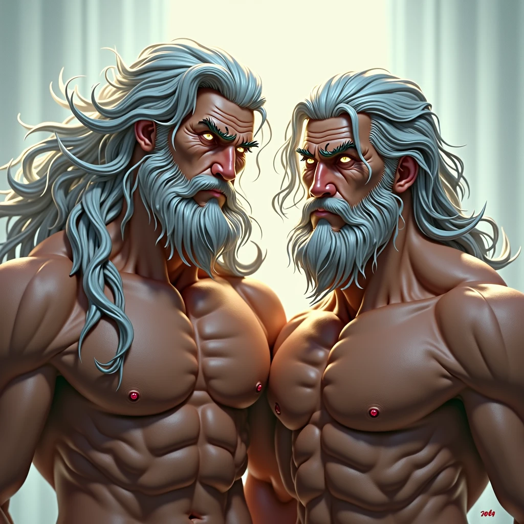 2 men.silver hair,silver hair ,golden eyes, silver eyes,rey, Principle,muscular, naked, facial hair, furry,Long hair, hard look, thoughtful, naughty face, mischievous, bright Eyes, High resolution, masterpiece, anatomically correct, necessary, Awarded many times, The best quality, detail, Damaged, details altos, HD Model, quality, high quality, smile, White skin, gifted, staring,
