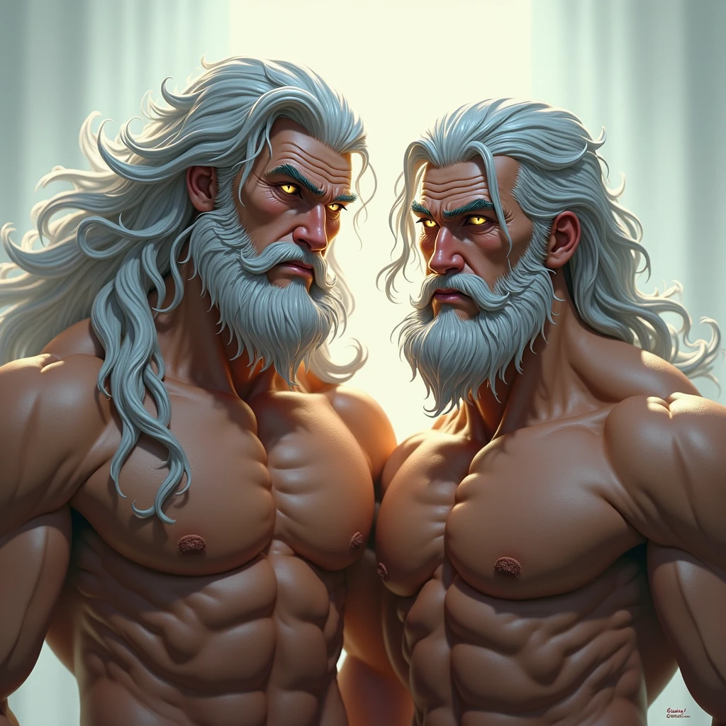 2 men.silver hair,silver hair ,golden eyes, silver eyes,rey, Principle,muscular, naked, facial hair, furry,Long hair, hard look, thoughtful, naughty face, mischievous, bright Eyes, High resolution, masterpiece, anatomically correct, necessary, Awarded many times, The best quality, detail, Damaged, details altos, HD Model, quality, high quality, smile, White skin, gifted, staring, 