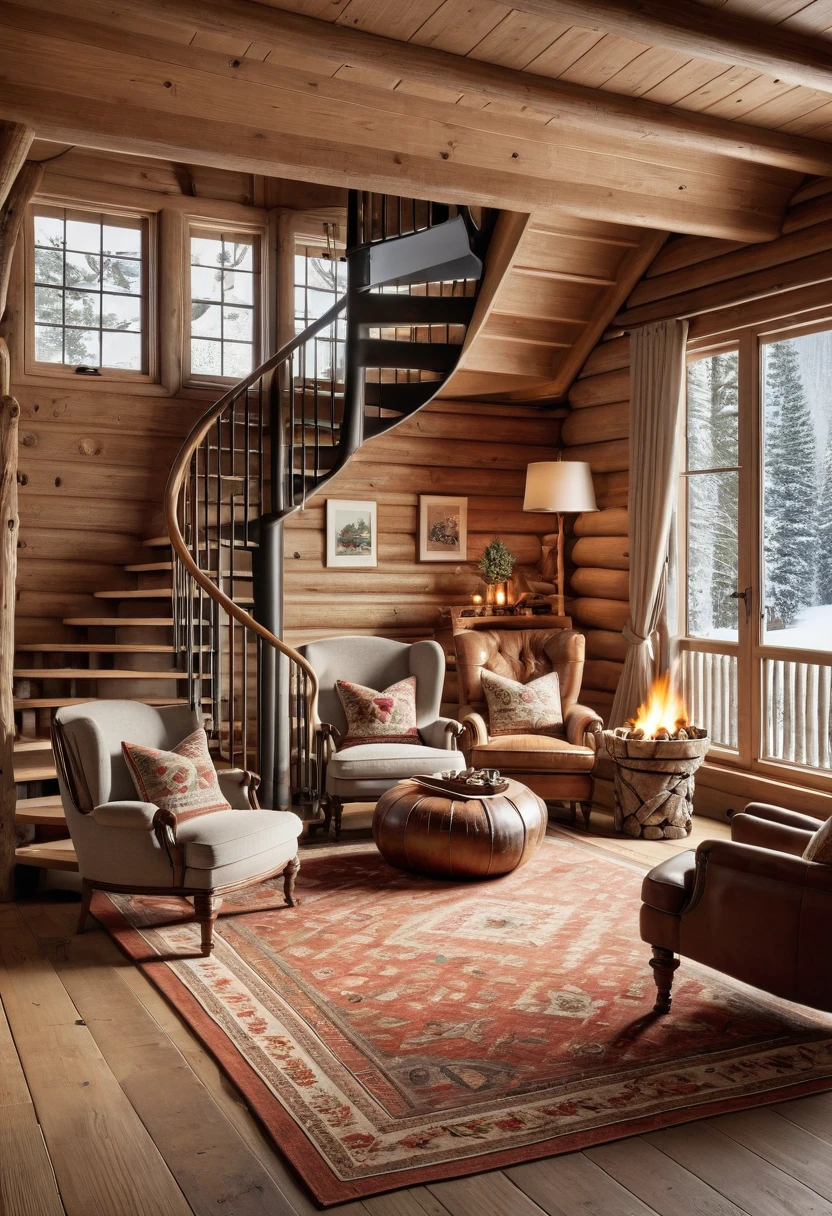 "Visualize a snug cabin where a spiral staircase made of polished wood leads to a charming upper loft. The main level is decorated with plush armchairs, a large, inviting rug, and a crackling fire in the hearth. The staircase is adorned with simple, decorative touches, making the whole cabin feel like a warm and welcoming retreat with a touch of elegance."