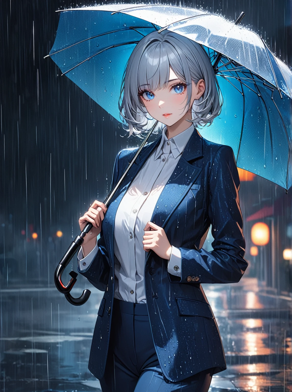 Ultra high resolution, rich colors, perfect image, top quality, detailed image, beautiful single woman, glowing skin, skin and clothing texture, delicate eyes, rain, holding umbrella, casual pantsuit, pumps, silver bob hair, blue eyes