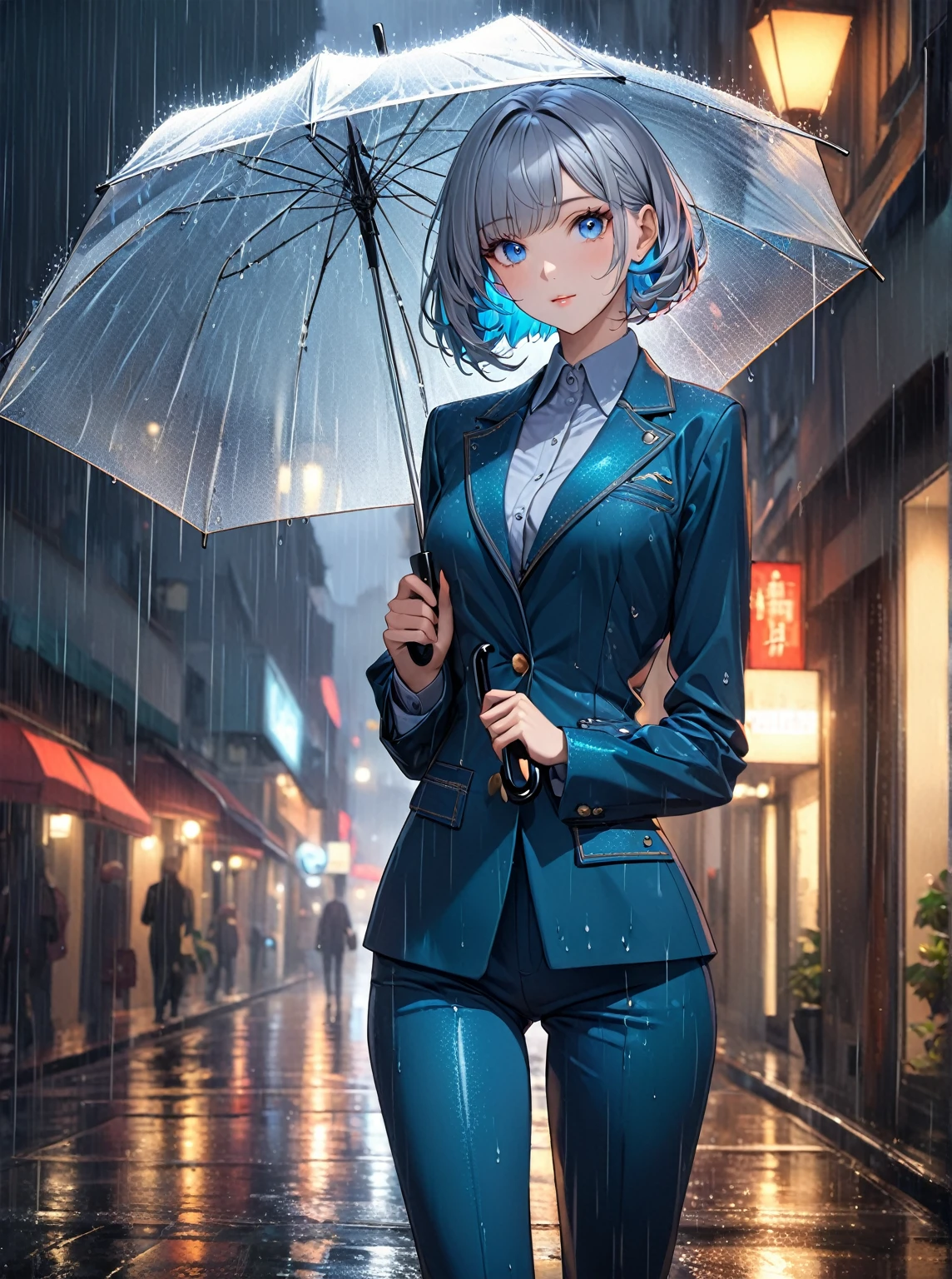 Ultra high resolution, rich colors, perfect image, top quality, detailed image, beautiful single woman, glowing skin, skin and clothing texture, delicate eyes, rain, holding umbrella, casual pantsuit, pumps, silver bob hair, blue eyes