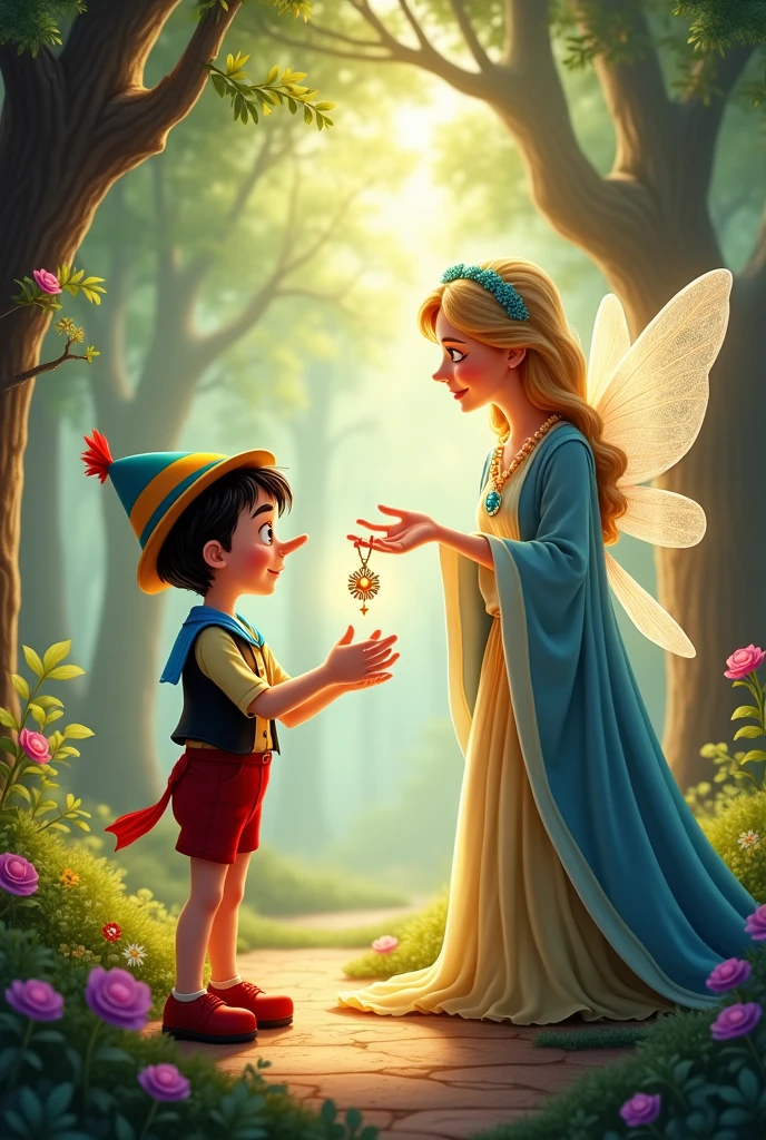 PINOCCHIO AND THE FAIRY GODMOTHER giving him a necklace