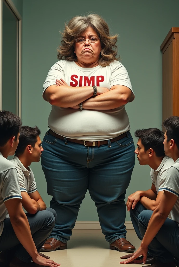 Out of shape lady with arms crossed mad with ugly wig stomach hanging out of pants wearing a simp shirt while men on their knees begging her date
