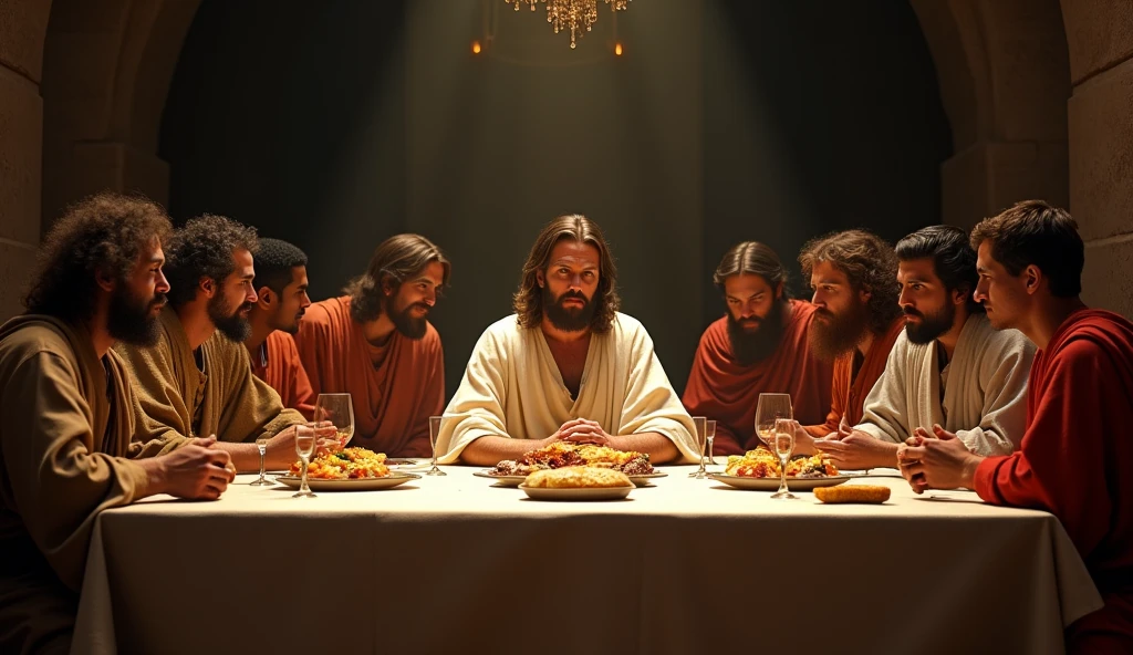 Jesus sharing the Last Supper with his disciples, long table in an upper room, ancient Jewish clothing, dim candlelight creating a solemn atmosphere, bread and wine on the table, Judas Iscariot with a conflicted expression, simple furnishings in the background, hyper-realistic, photo realism, cinematography -- ar 16:9