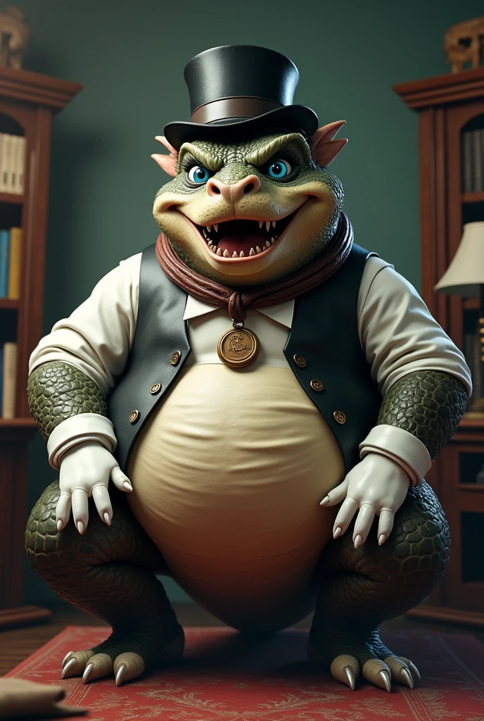 Dragon, leather collar, white rubber gloves on hands and feet, white spats on feet, fat, bulging belly, large belly, (high quality,4k,8k,highres,masterpiece:1.2),ultra-detailed,(realistic,photorealistic,photo-realistic:1.37), masterpiece,(intricate details), captivating artwork, artistically rendered, masterful strokes, attention to detail, tasteful composition, alluring charm, careful shading, great attention to anatomy, meticulous rendering, impeccable craftsmanship, vivid colors, perfect balance between realism and fantasy. Solo, Male, fat, squatting, extremely obese, gentleman, dapper Professor Dragon, bulging belly, large belly, blue eyes, (posing:1.3), (soft shading), 4k, hi res, ((detailed face, detailed)), looking at viewer, mouth wide open, steampunk, office, collared shirt with buttons, top hat, male focus, Explorer Outfit, glasses, monocle, vest with buttons, sleeves rolled up, round eyewear, brown headwear, brown vest, Dragon is wearing a glossy leather dog collar around the neck, Dragon is wearing the leather collar and shirt and vest at the same time, Dragon is wearing glossy white rubber gloves on the hands, wearing white rubber gloves on the feet, gloves are rubber in texture, clenching teeth, clenching fists, leather collar is glossy and shiny with a lot of detail, Dragon is wearing gloves and leather collar at the same time, leather collar has a round dog-tag, leather collar is thick and detailed.