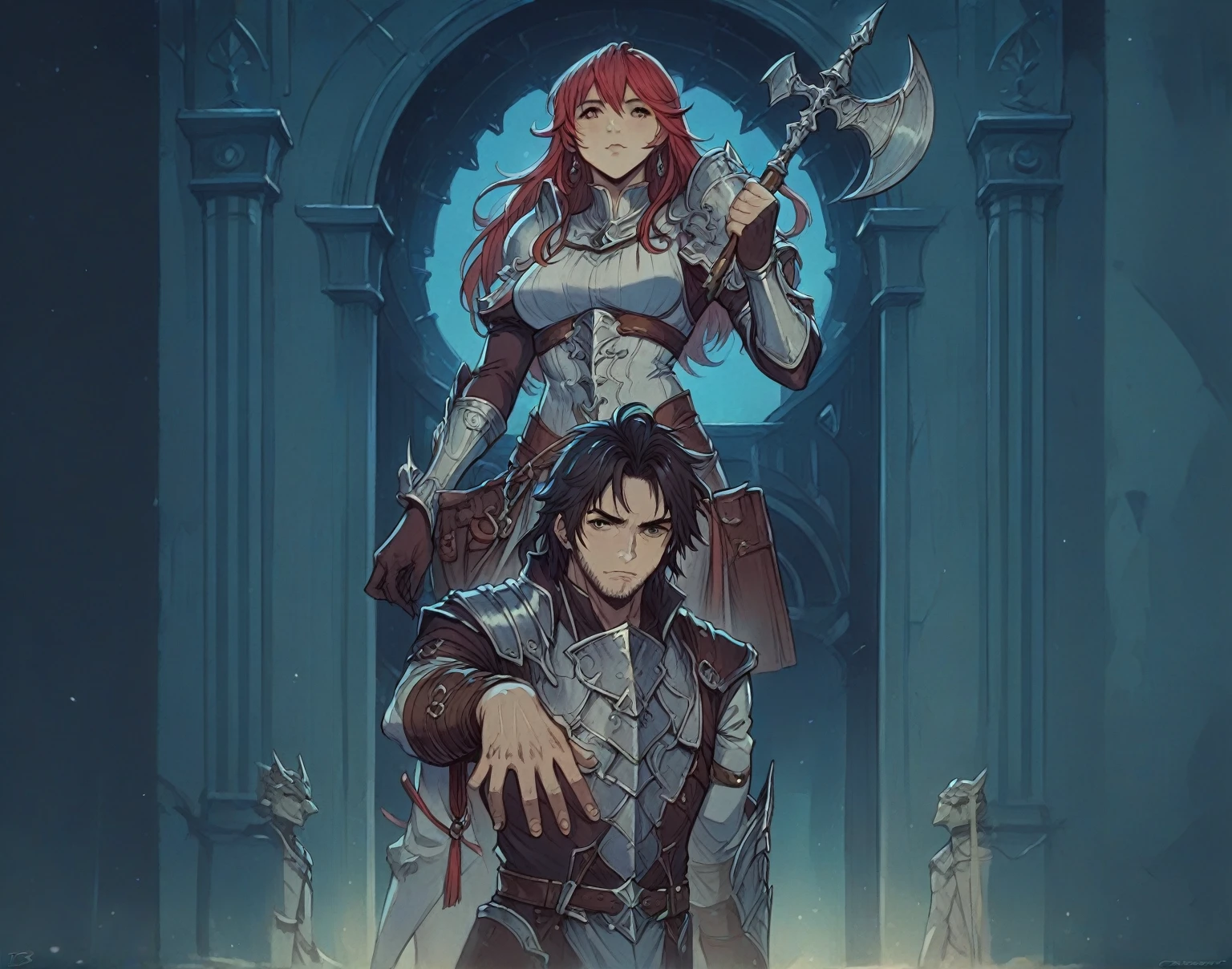 there is a woman and a man standing in front of a building, coriolios rpg art style, legends of runeterra, granblue fantasy, dungeons and dragons portrait, detailed digital 2d fantasy art, medium shot of two characters, full art, 2. 5 d cgi anime fantasy artwork, krenz cushart and wenjun lin, d&d portrait