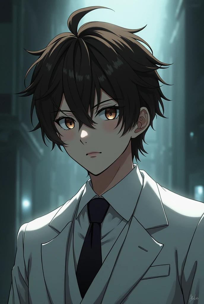 Do the yukine (Noragami) with dark hair, brown eyes and white suit