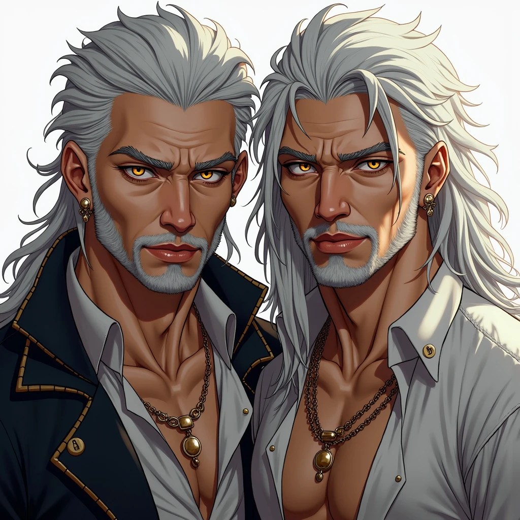 2 men.silver hair,silver hair ,golden eyes, silver eyes,rey, Principle,muscular, naked, facial hair, furry,Long hair, hard look, thoughtful, naughty face, mischievous, bright Eyes, High resolution, masterpiece, anatomically correct, necessary, Awarded many times, The best quality, detail, Damaged, details altos, HD Model, quality, high quality, smile, White skin, gifted, staring, White skin, brown skin,looking at the viewer, short hair,jewelry, Multiple views, necessary, masterpiece, The best quality, anatomically correct, 