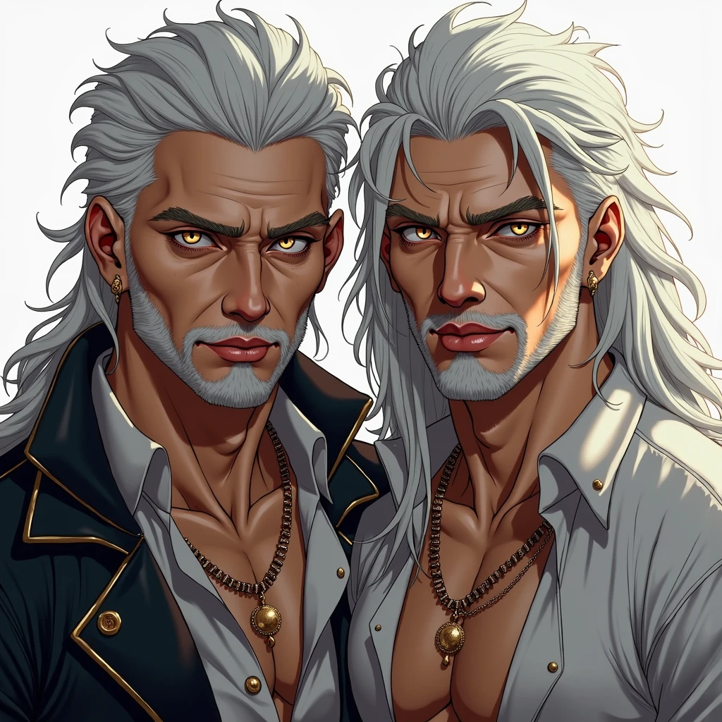 2 men.silver hair,silver hair ,golden eyes, silver eyes,rey, Principle,muscular, naked, facial hair, furry,Long hair, hard look, thoughtful, naughty face, mischievous, bright Eyes, High resolution, masterpiece, anatomically correct, necessary, Awarded many times, The best quality, detail, Damaged, details altos, HD Model, quality, high quality, smile, White skin, gifted, staring, White skin, brown skin,looking at the viewer, short hair,jewelry, Multiple views, necessary, masterpiece, The best quality, anatomically correct, 