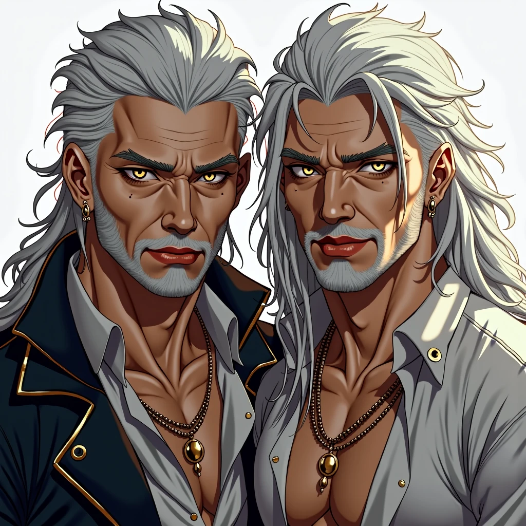 2 men.silver hair,silver hair ,golden eyes, silver eyes,rey, Principle,muscular, naked, facial hair, furry,Long hair, hard look, thoughtful, naughty face, mischievous, bright Eyes, High resolution, masterpiece, anatomically correct, necessary, Awarded many times, The best quality, detail, Damaged, details altos, HD Model, quality, high quality, smile, White skin, gifted, staring, White skin, brown skin,looking at the viewer, short hair,jewelry, Multiple views, necessary, masterpiece, The best quality, anatomically correct,
