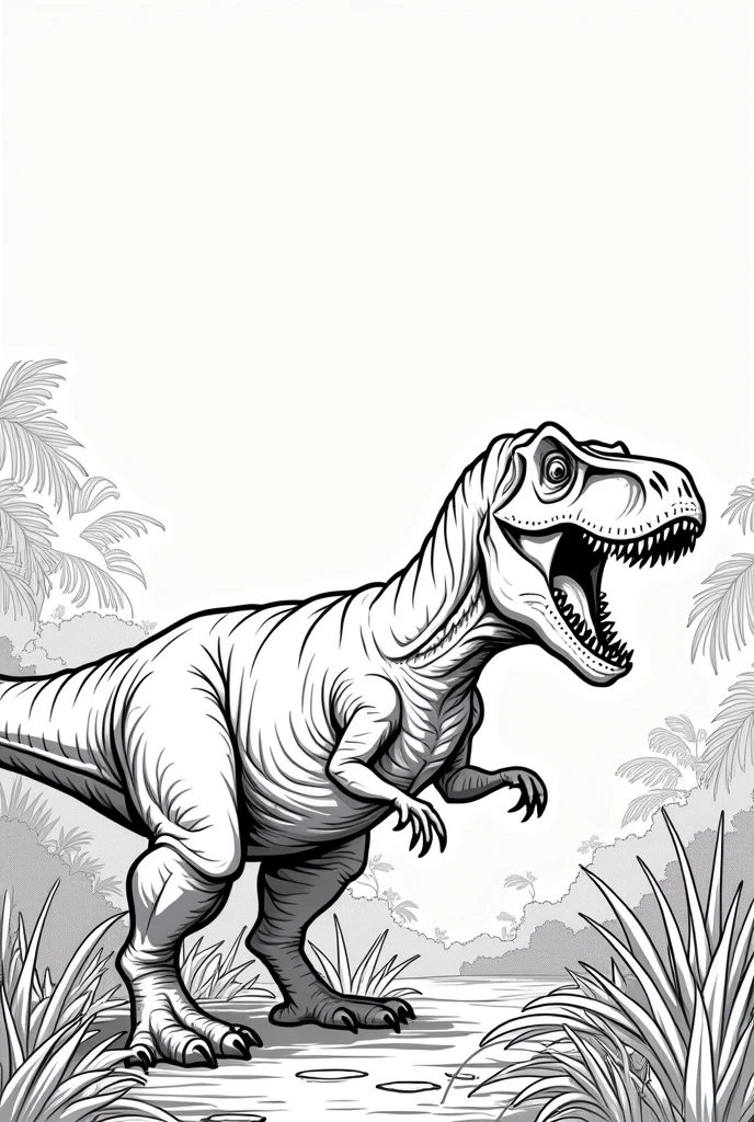 A BLANK PAGE WITH A CONTOURED SILHOUETTE OF A TYRANNOSAURUS REX IN ITS HABITAT TO COLOR