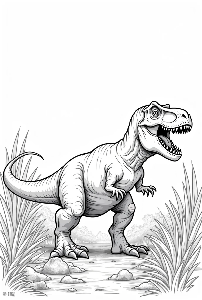 A BLANK PAGE WITH A CONTOURED SILHOUETTE OF A TYRANNOSAURUS REX IN ITS HABITAT TO COLOR