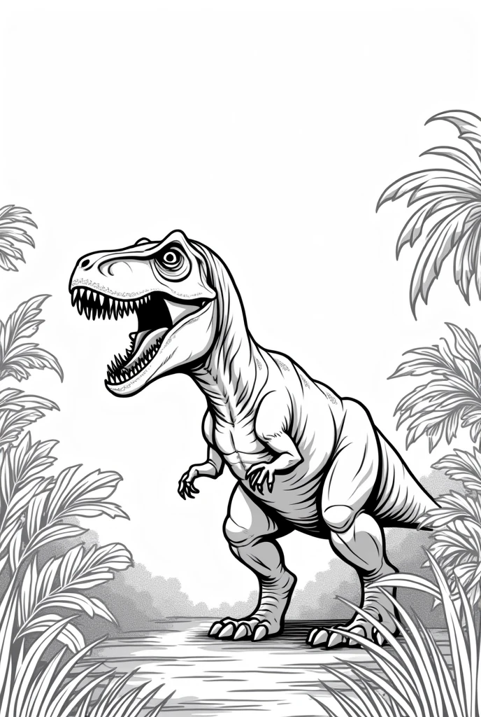 A BLANK PAGE WITH A CONTOURED SILHOUETTE OF A TYRANNOSAURUS REX IN ITS HABITAT TO COLOR