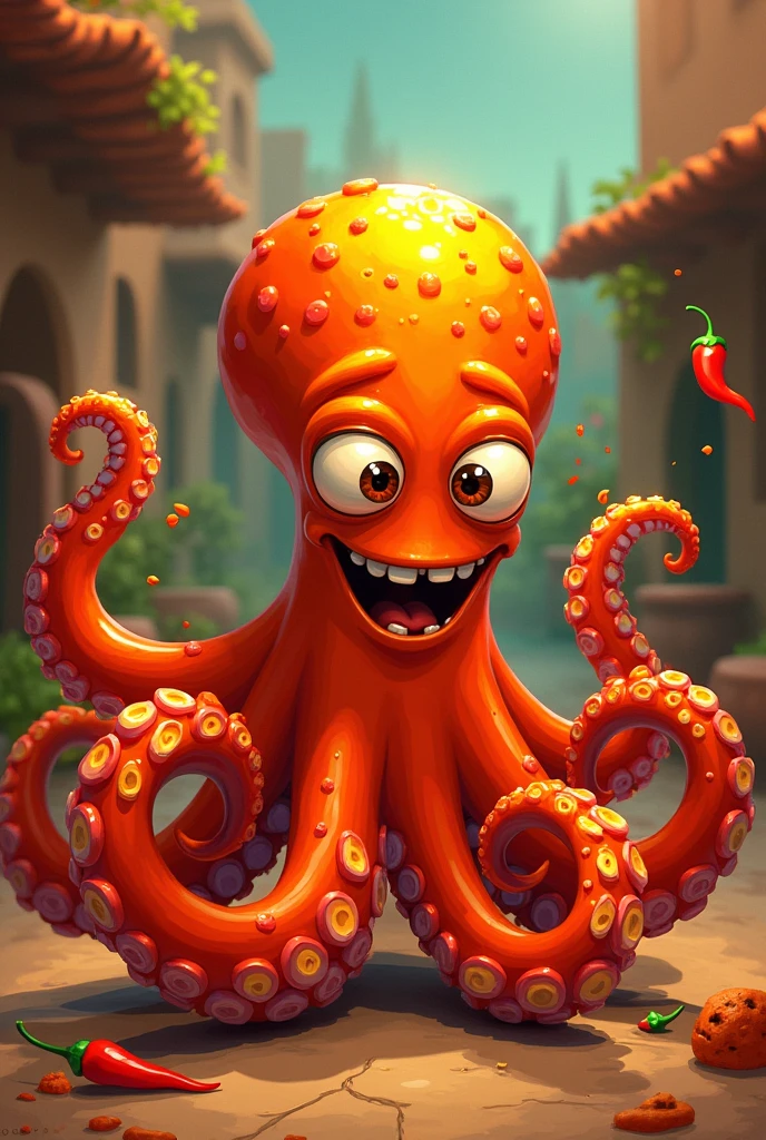 an animated octopus enchilado by eating yellow habanero chili