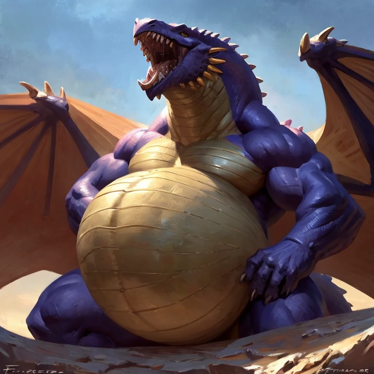 Detailed painting, by Taran Fiddler, closeup, outlook view, wide angle, dragoness, full body, feral, dainty, friendly, colorful, rounded snout, wings, pregnant-like belly, round belly, dominant belly, huge belly, bloated belly, big muscles, wide body, thick body muscles, powerfull muscles, beefy muscles, thick neck, tongue out, open mouth, saliva, hungry, voracious, glutonous, tall, enormous, giant, gigantic, colosssal size, gargantuan, kaiju, powerfull look, badass look, looking at viewer, vore