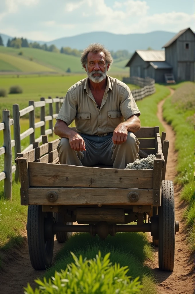 Man in cart on farm