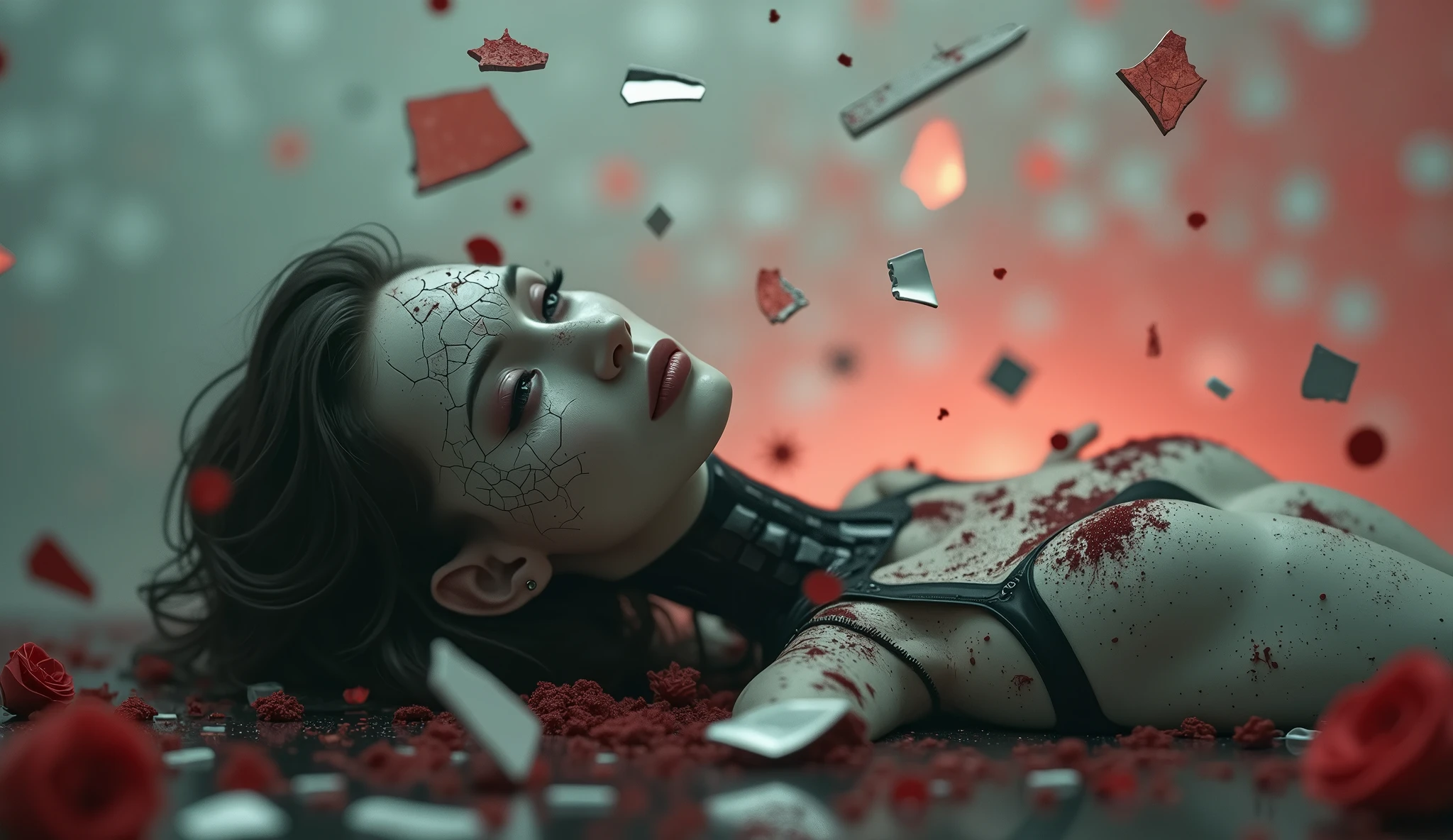 Death of a beautiful humanoid female, close up of a broken android, digital art, cracked porcelain face, futuristic look, captivating, close-up, skull, fragile, emotional, shatter into fragments, shattered glass, shattered pieces of a woman body, made of porcelain, broken, destroyed, abstract patterns, tile art, red roses, black roses, goth, horror, from the grave, blood splatter, mourning, loss, full body photography, cinematic, dramatic lighting, shallow depth of field, wide