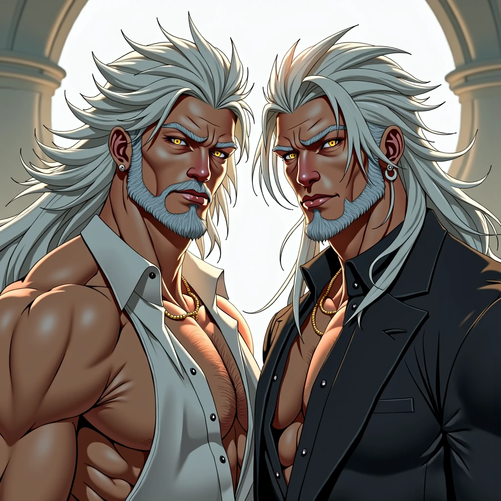 2 men.silver hair,silver hair ,golden eyes, silver eyes,rey, Principle,muscular, naked, facial hair, furry,Long hair, hard look, thoughtful, naughty face, mischievous, bright Eyes, High resolution, masterpiece, anatomically correct, necessary, Awarded many times, The best quality, detail, Damaged, details altos, HD Model, quality, high quality, smile, White skin, gifted, staring, White skin, brown skin,looking at the viewer, short hair,jewelry, Multiple views, necessary, masterpiece, The best quality, anatomically correct,