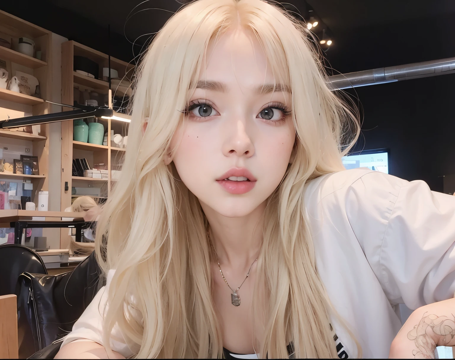 blonde woman with long hair and black leather jacket posing for a picture, ava max, portrait of jossi of blackpink, roseanne park of blackpink, extremely pale blond hair, very very pale blond hair, with long white hair, with white long hair, jossi of blackpink, korean girl, cruel korean goth girl, long blonde hair and big eyes, pale hair