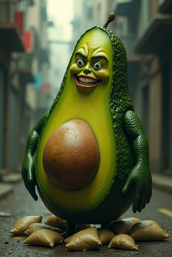 An avocado with the figure of a man with a face, selling drugs, that the quintals come out of